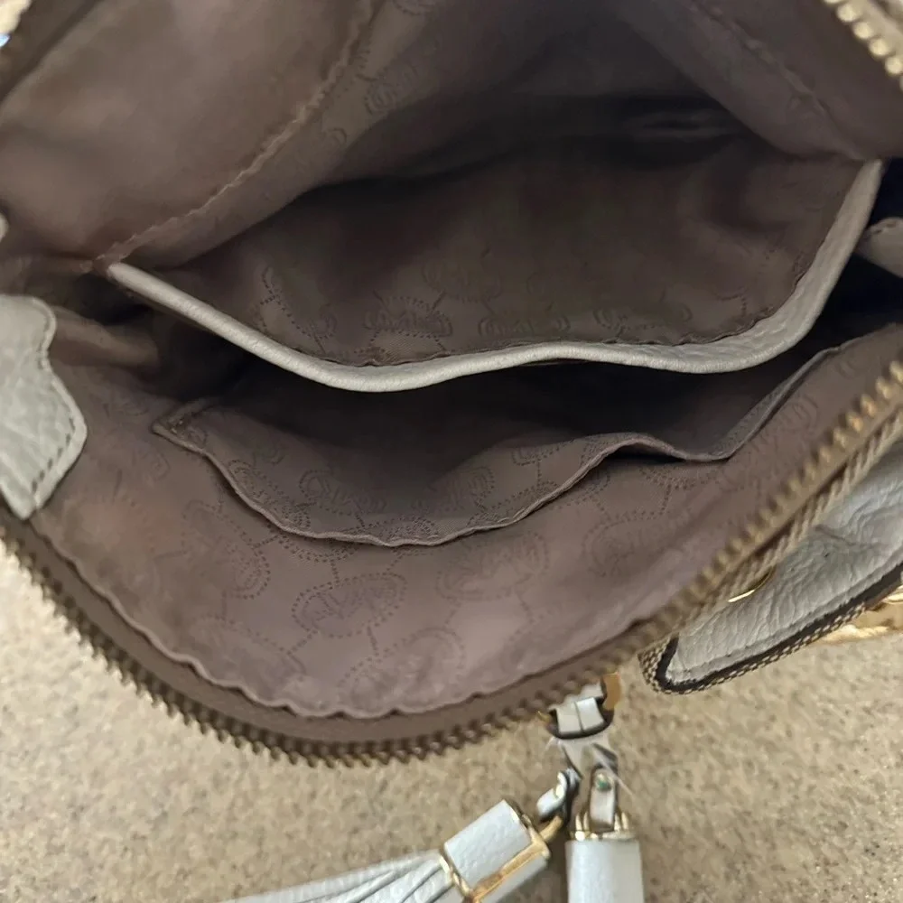 Michael Kors Monogram Drawstring Bucket Brown Mini WithTassel Crossbody Bag